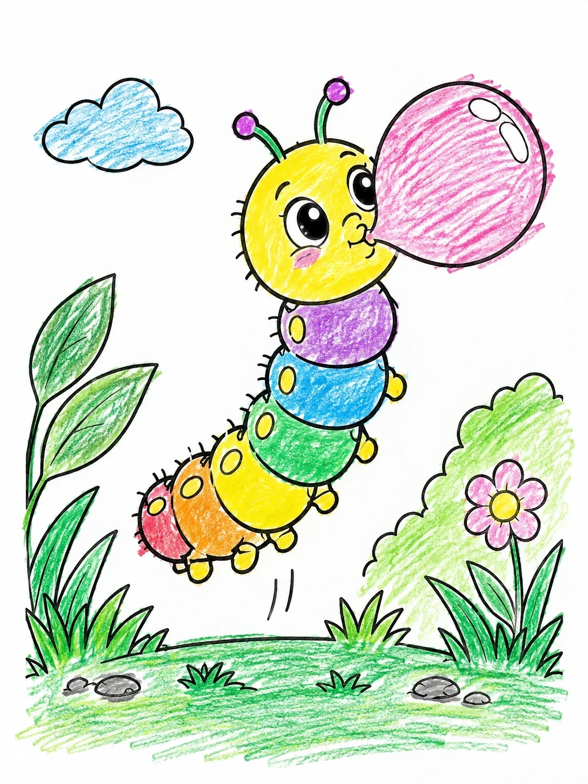 Colored example of the Cute Caterpillar Blowing Bubble Gum coloring page