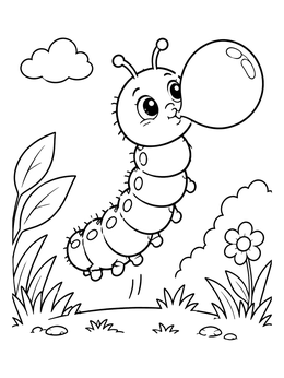 A playful larva coloring page of a cute caterpillar floating upward while blowing bubble gum.
