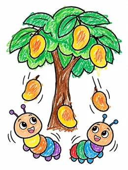 Color Teee Two Caterpillars Under A Mango Tree – Larva Coloring Page