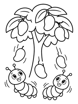 A fun larva coloring page showing two happy caterpillars under a tree with falling mangoes.