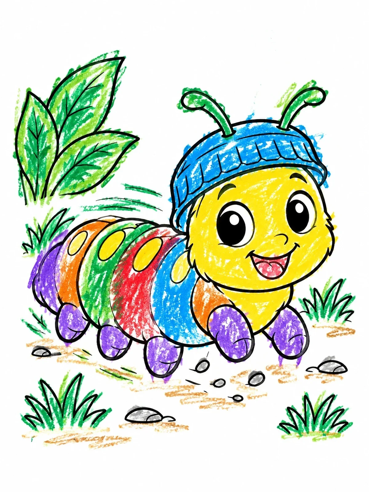 Colored example of the Cheerful Caterpillar Wearing Bottle Cap Helmet coloring page