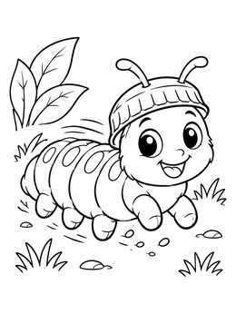A cheerful larva coloring page showing a cute caterpillar running in a bottle cap helmet.