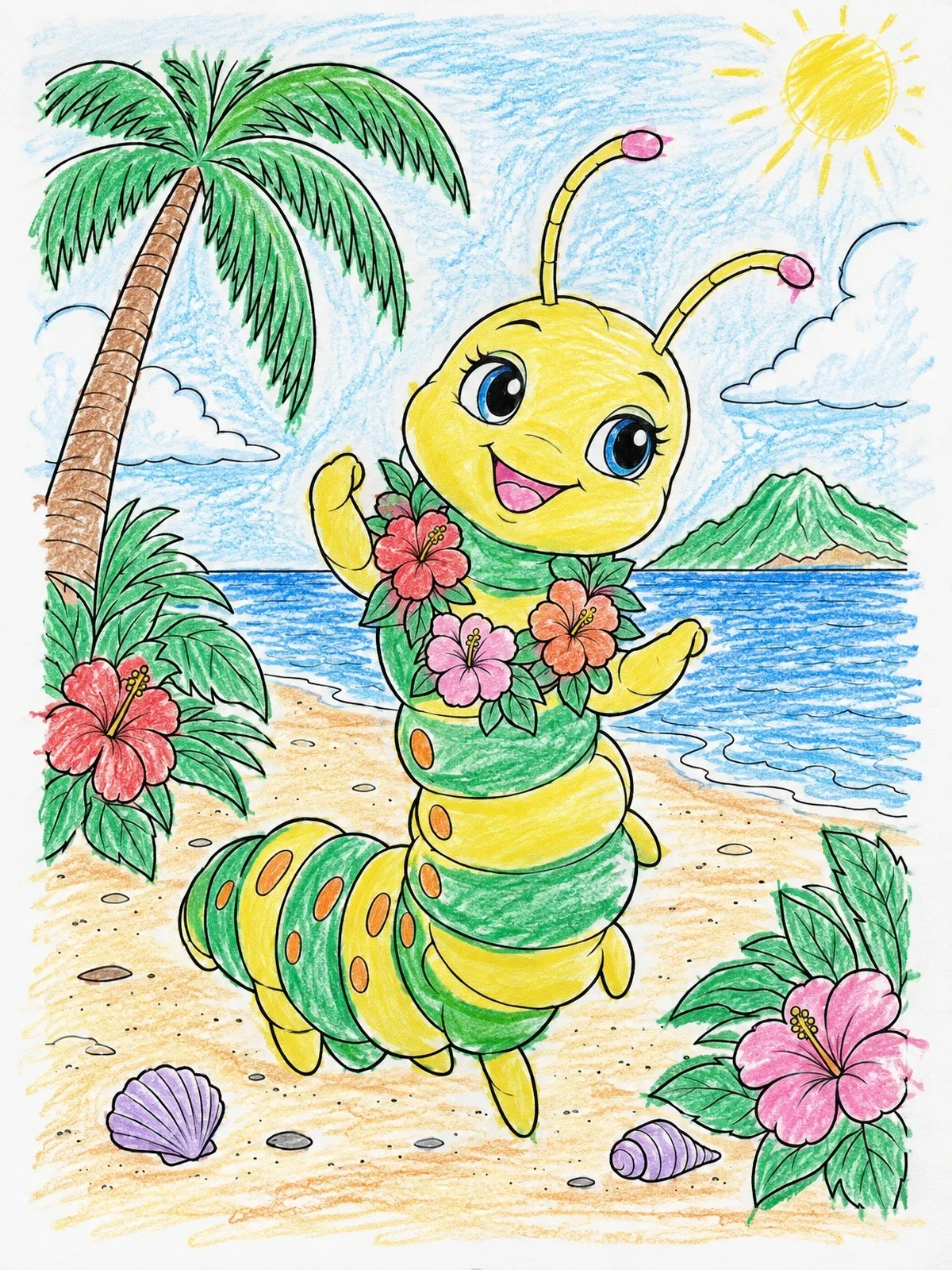 Colored example of the Cheerful Caterpillar On Tropical Beach coloring page