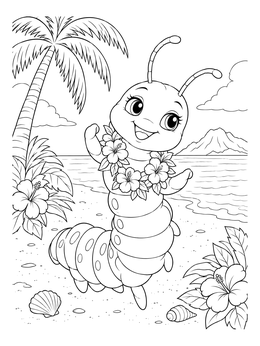 A cute cartoon insect larva coloring page with a flower lei dancing on a sandy beach.
