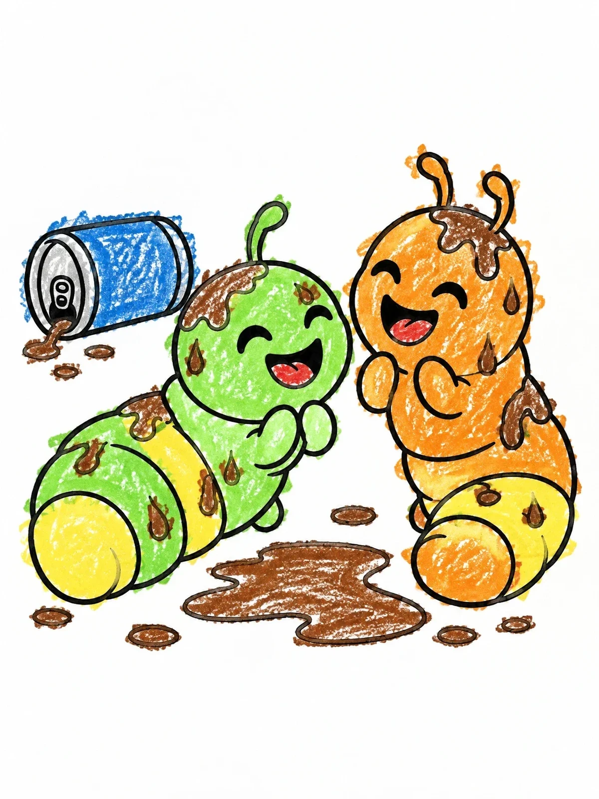 Colored example of the Cheerful Grubs Spilling Soda coloring page