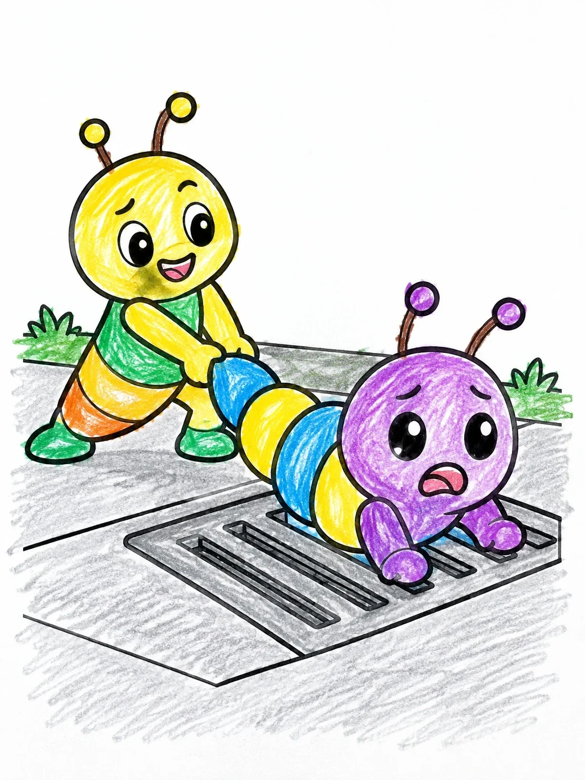 Colored example of the Cute Caterpillars Helping Each Other coloring page