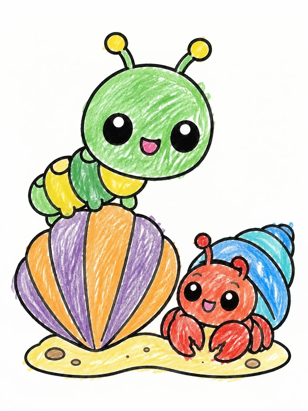 Colored example of the Cute Caterpillar And Hermit Crab coloring page