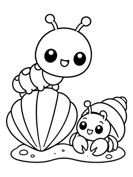 A cheerful larva coloring page with a cute caterpillar on a seashell next to a hermit crab.