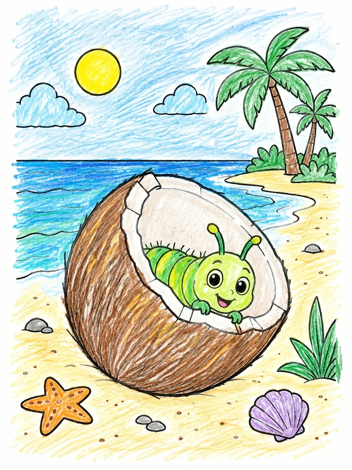 Colored example of the Cute Caterpillar Inside A Coconut Shell coloring page