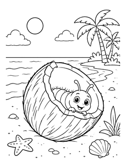 Free printable Cute Caterpillar Inside A Coconut Shell coloring page