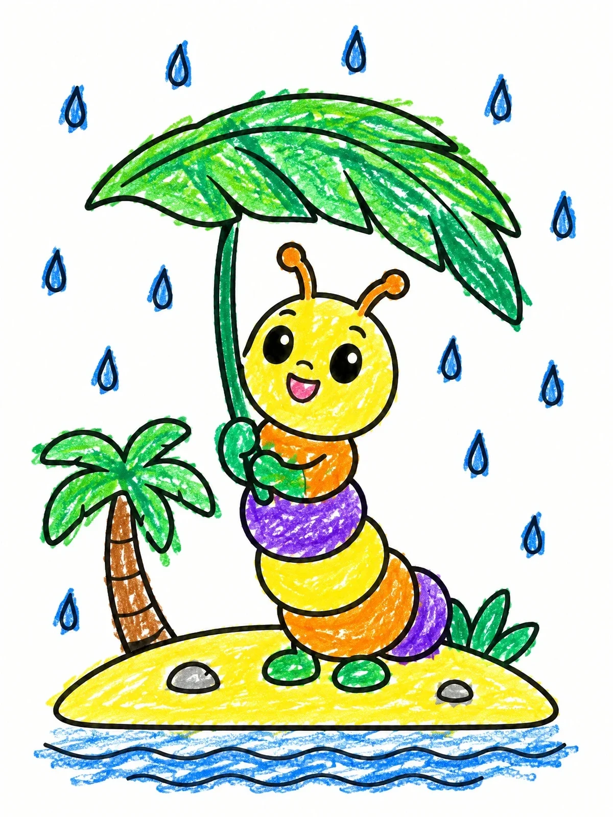 Colored example of the Cute Caterpillar With Leaf Umbrella coloring page