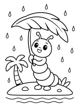 A cheerful insect larva coloring page with a cute caterpillar holding a leaf umbrella in the rain.