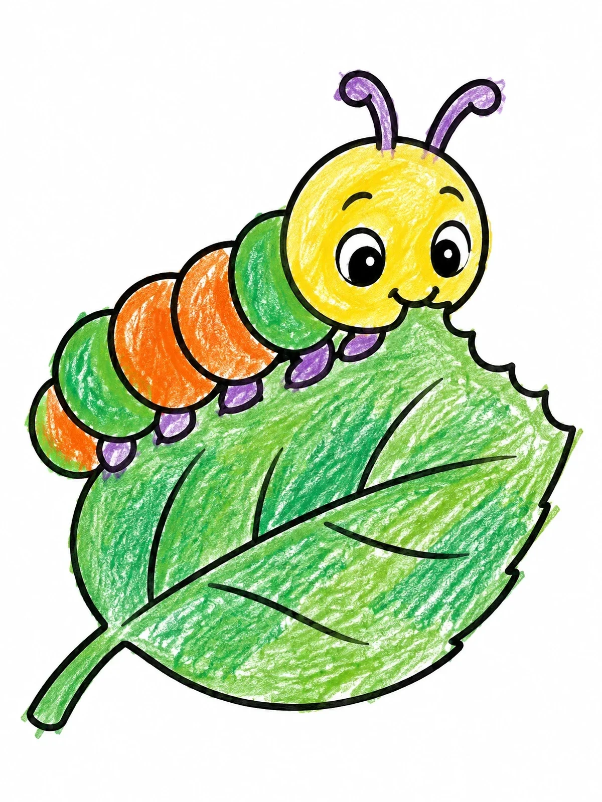Colored example of the Cute Caterpillar Nibbling A Leaf coloring page