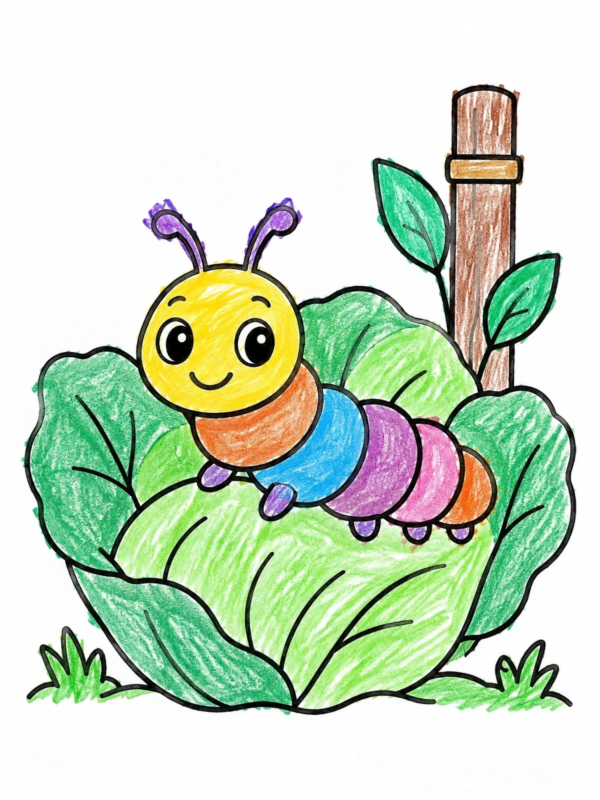 Colored example of the Cute Caterpillar On A Cabbage Leaf coloring page