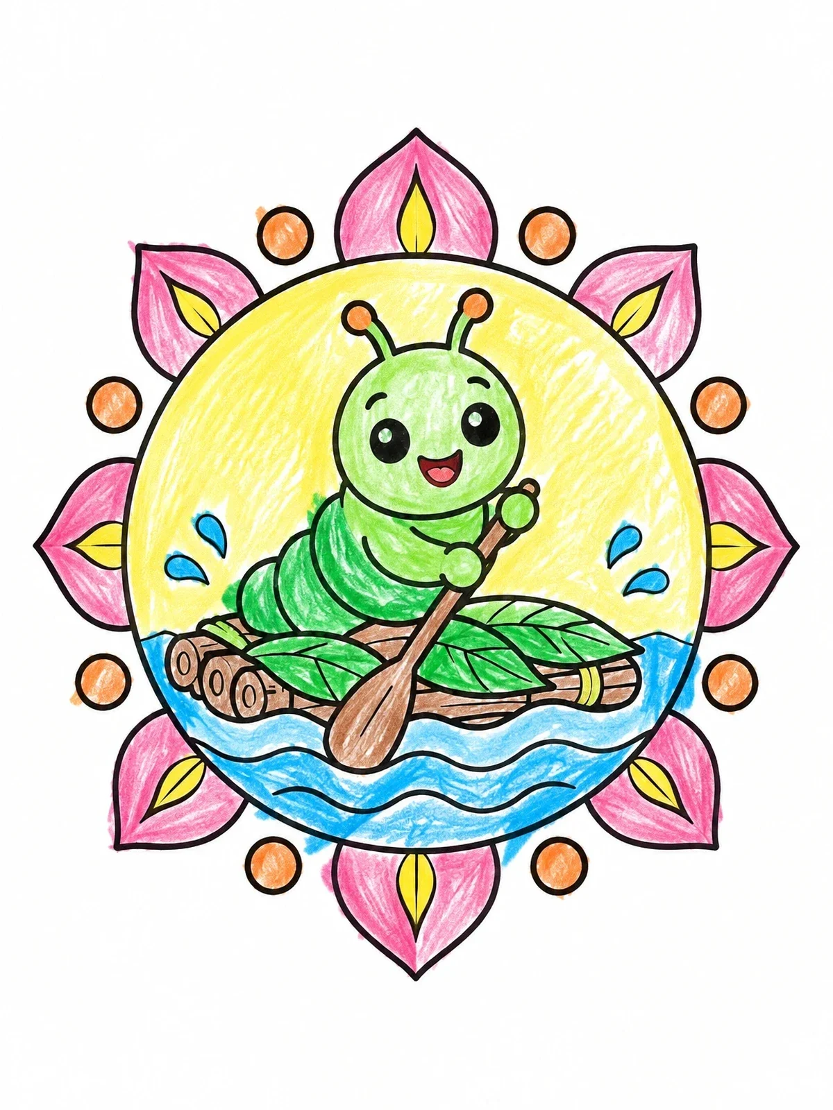 Colored example of the Cute Caterpillar Paddling A Raft coloring page