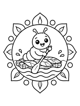 Free printable Cute Caterpillar Paddling A Raft coloring page