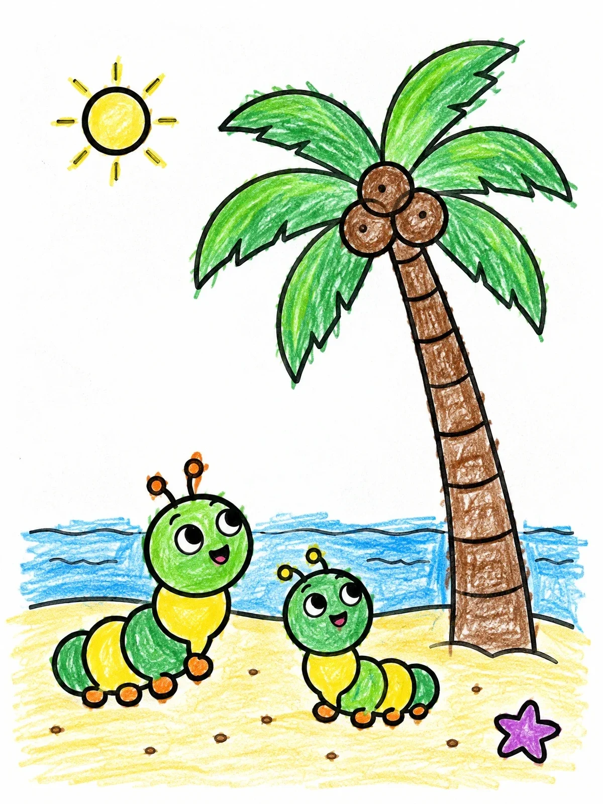 Colored example of the Cute Caterpillars By Palm Tree coloring page