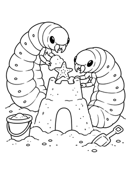 Two cute grubs top a sandcastle with a starfish in this larva coloring page.