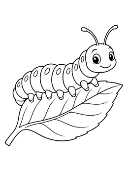 A cheerful cartoon larva coloring page resting on a detailed leaf.