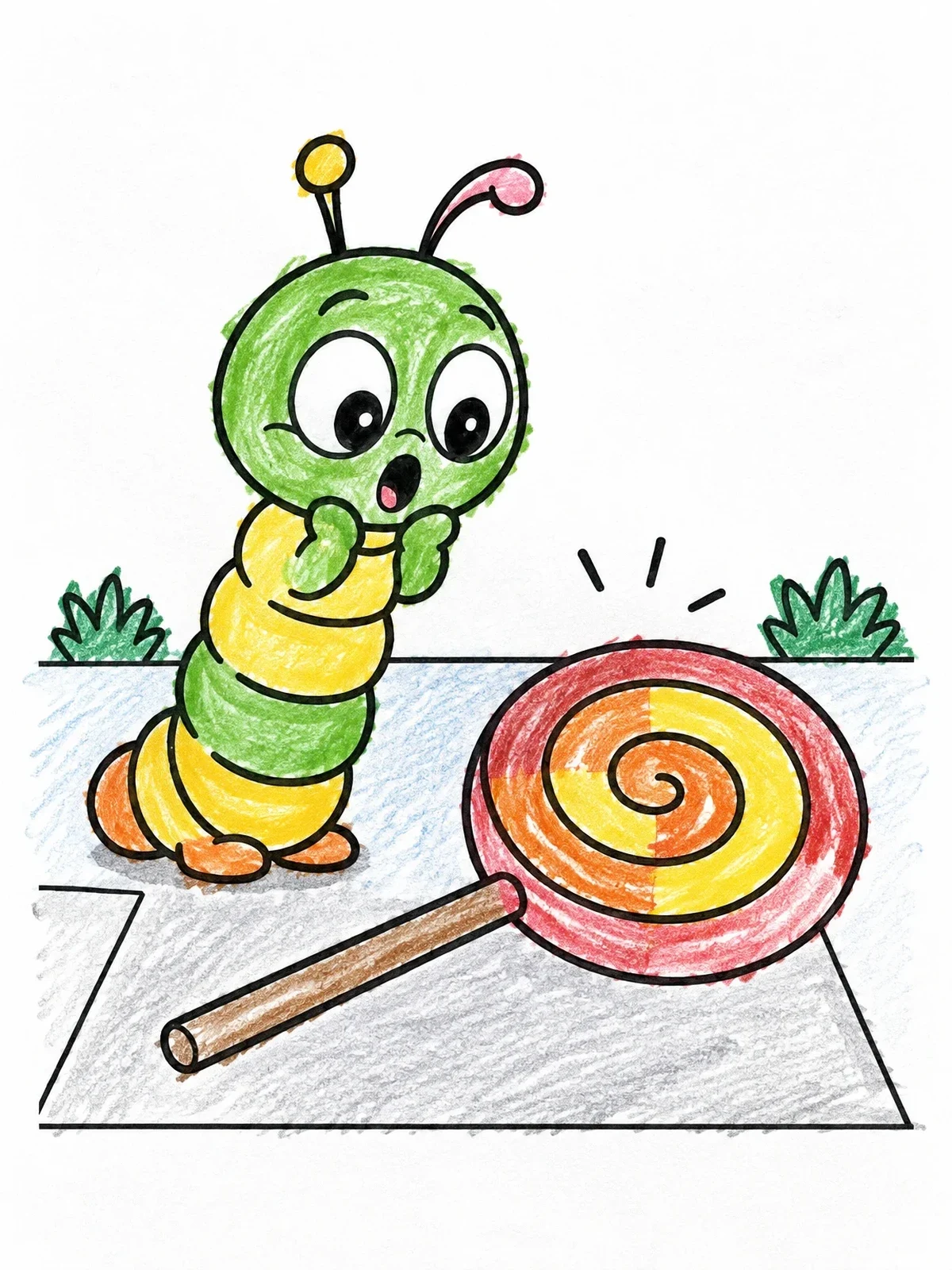 Colored example of the Surprised Caterpillar And Giant Swirl Lollipop coloring page