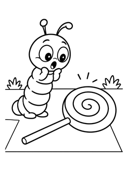 A cute larva coloring page showing an amazed cartoon caterpillar staring at a giant swirl lollipop.