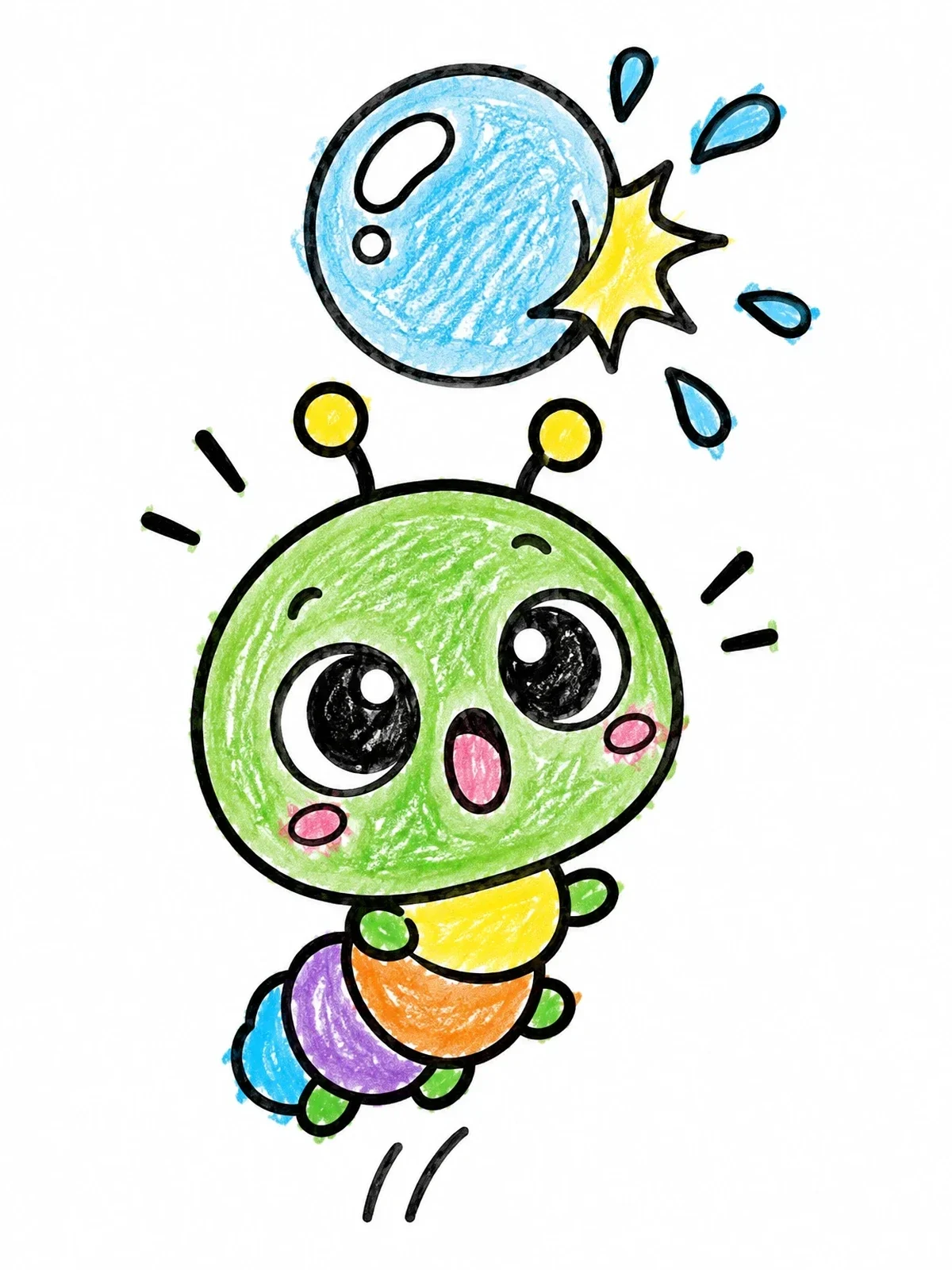 Colored example of the Surprised Little Caterpillar And Bubble coloring page