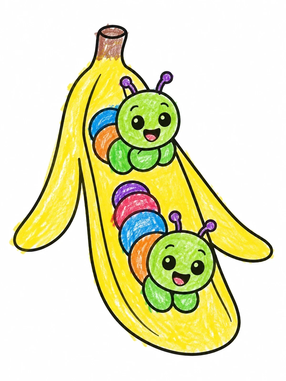 Colored example of the Caterpillars Sliding Down A Banana Peel coloring page