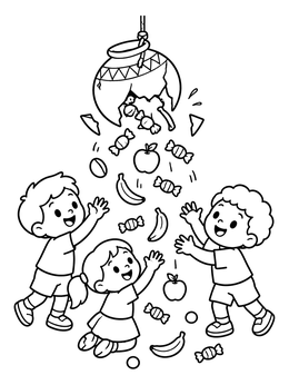 Free printable Children Catching Treats From A Broken Piñata coloring page