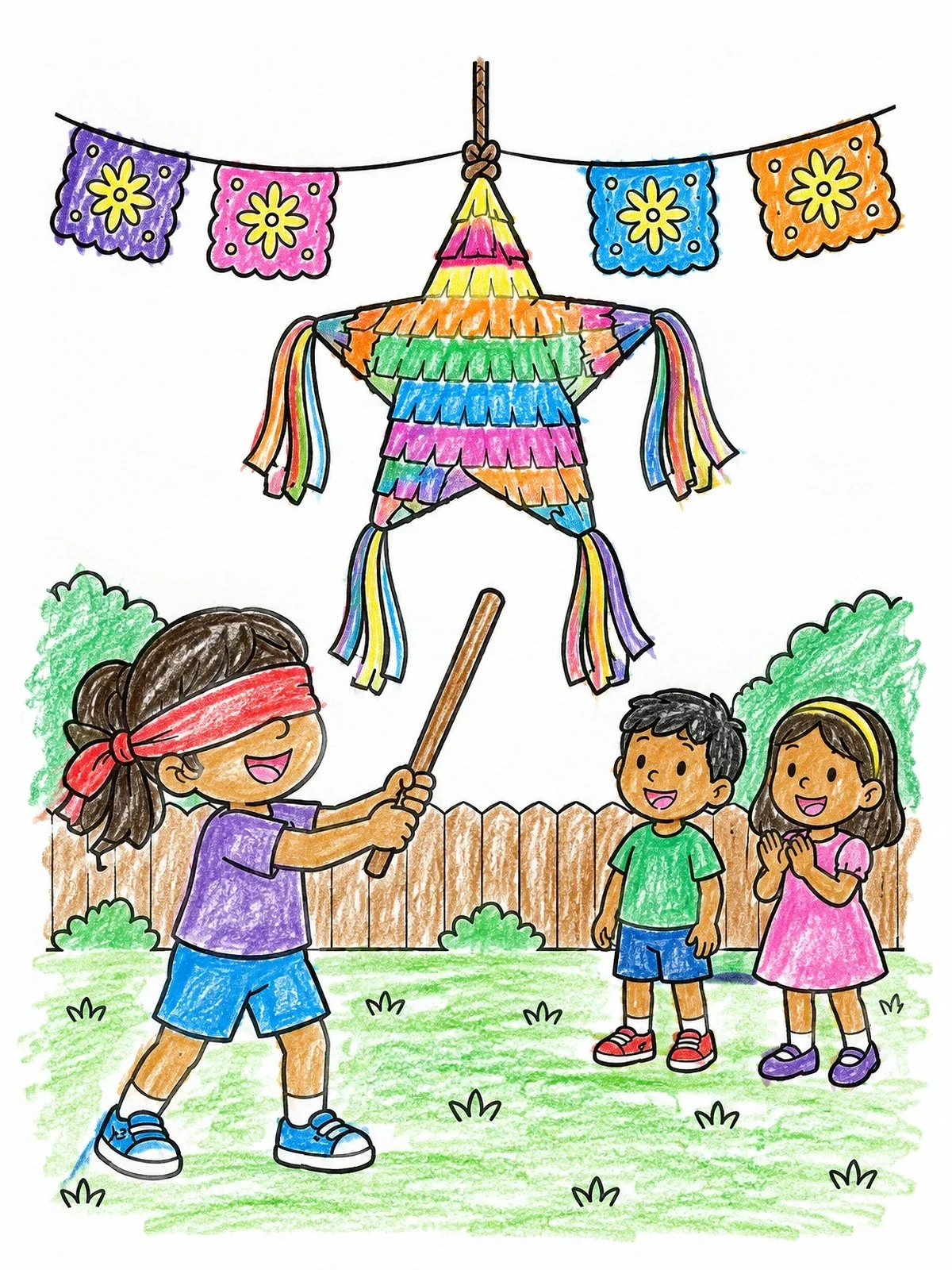 Colored example of the Children Hitting A Star Piñata coloring page