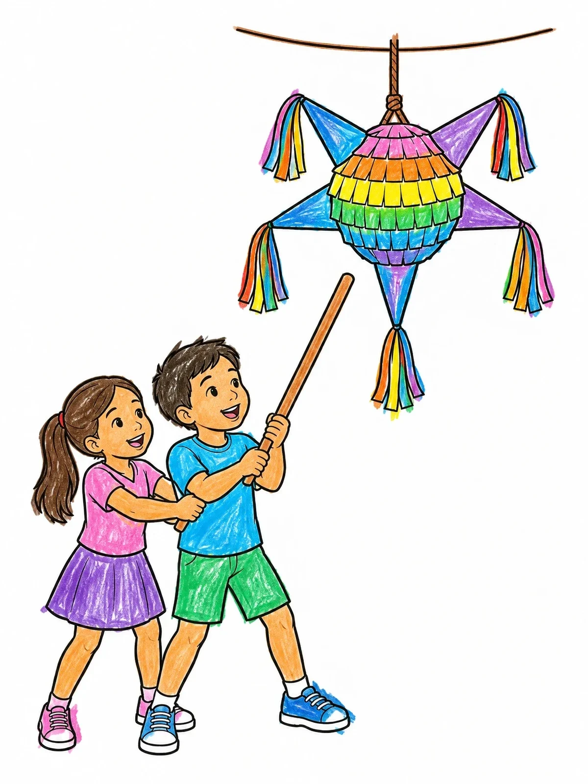 Colored example of the Children Aiming At A Star Piñata coloring page