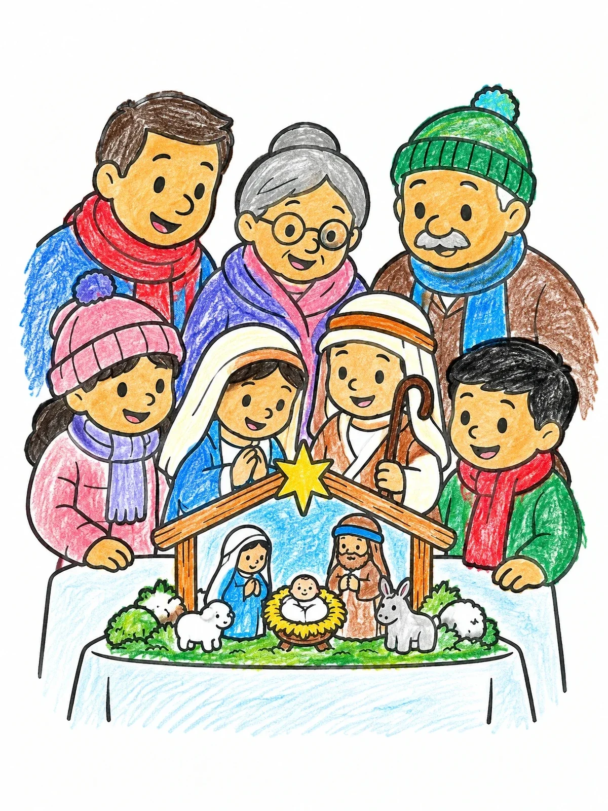 Colored example of the Family Admiring The Christmas Nacimiento coloring page