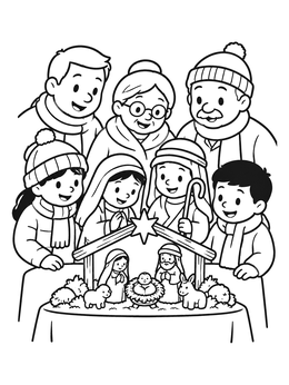 Free printable Family Admiring The Christmas Nacimiento coloring page