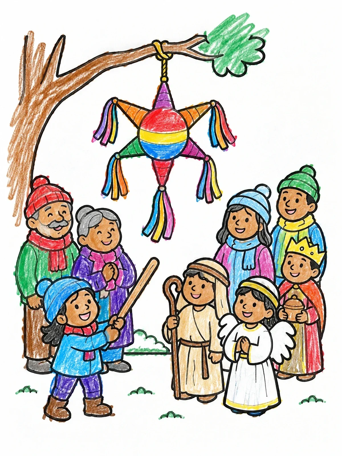Colored example of the Family Piñata Celebration With Nativity Costumes coloring page