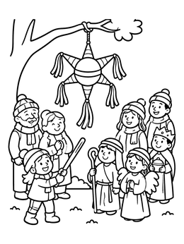Free printable Family Piñata Celebration With Nativity Costumes coloring page