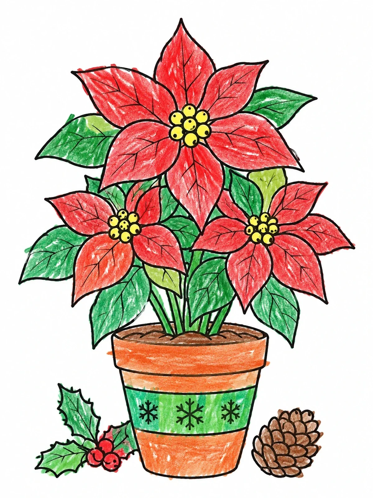 Colored example of the Festive Christmas Poinsettia In Pot coloring page