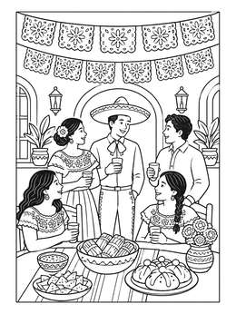 Friends gather under festive banners in this detailed las posadas coloring page.