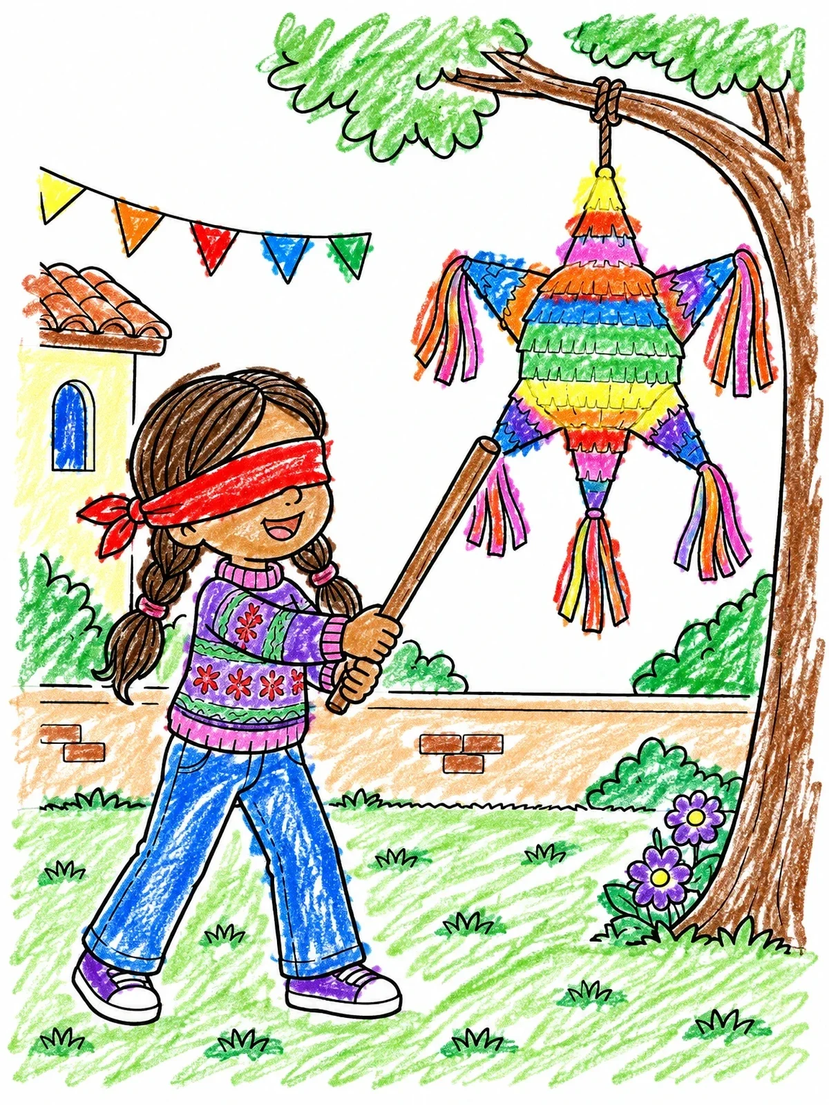 Colored example of the Girl Hitting A Star Piñata coloring page