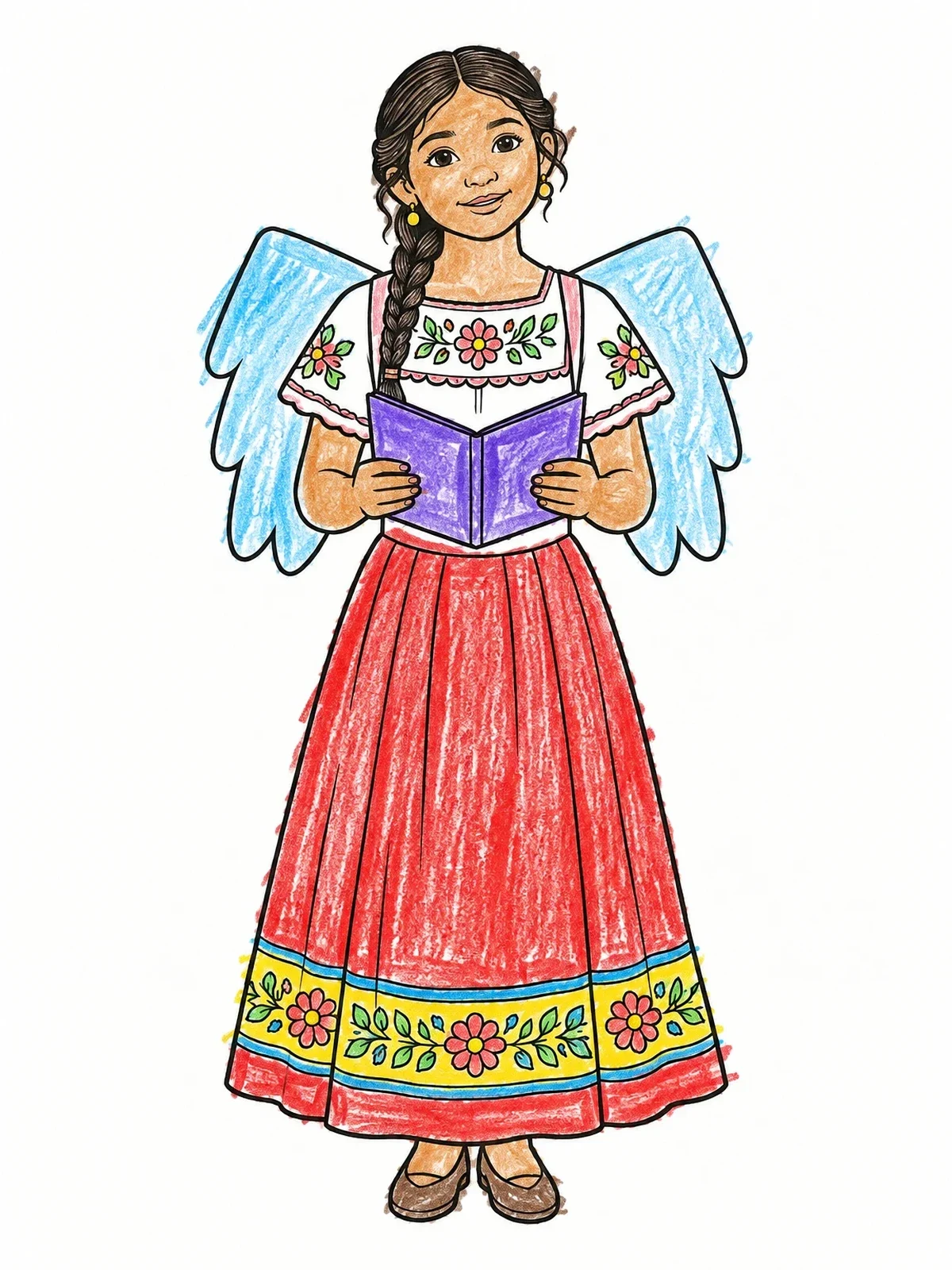 Colored example of the Little Angel Caroler In Traditional Dress coloring page