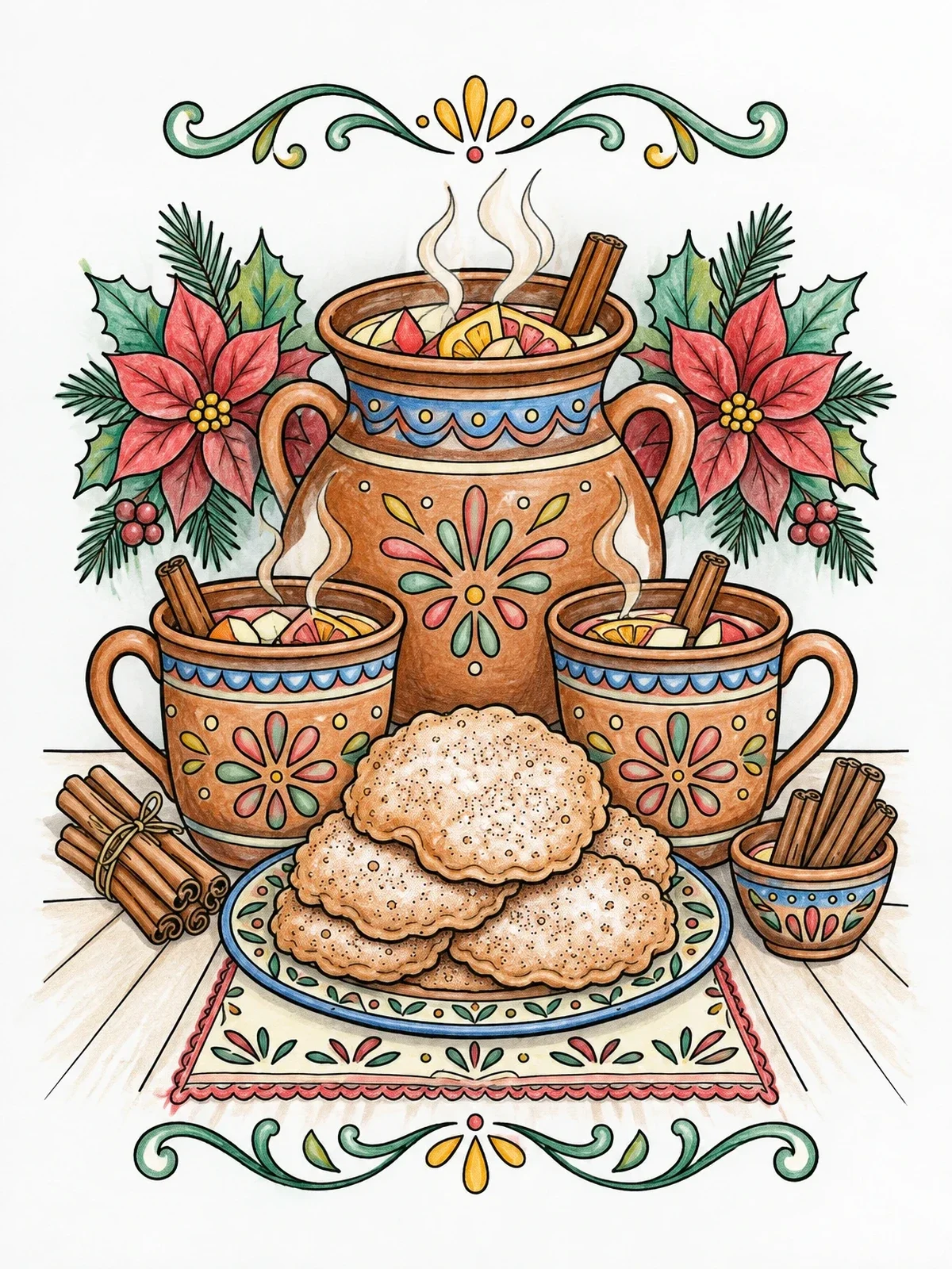 Colored example of the Mexican Ponche And Buñuelos Display coloring page