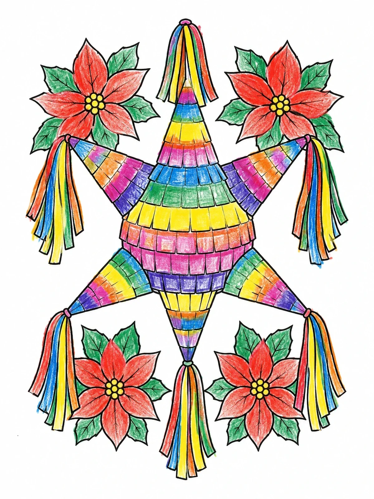 Colored example of the Mexican Star Piñata With Poinsettias coloring page