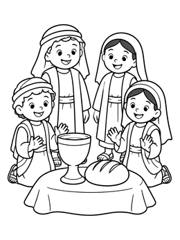 Free printable Children Gathered For Communion Bread And Chalice coloring page