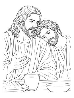 A peaceful last supper coloring page depicting John leaning his head near Jesus at the meal table.