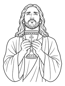 A peaceful last supper coloring page showing Jesus holding an ornate chalice in prayer.