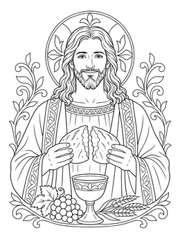 A peaceful last supper coloring page showing Jesus holding broken bread above a chalice.