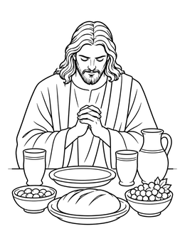A serene last supper coloring page showing Jesus praying over bread and fruit at a table.