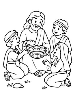 Free printable Jesus Sharing Bread With Young Disciples coloring page