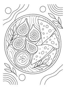Top-down view of figs and bread on a last supper coloring page platter.
