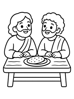 Free printable Two Disciples Sharing Flatbread coloring page