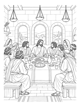 Jesus and his disciples gathered at the table in this detailed last supper coloring page.