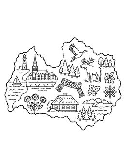 Free printable Latvia Map With Nature And Culture Symbols coloring page